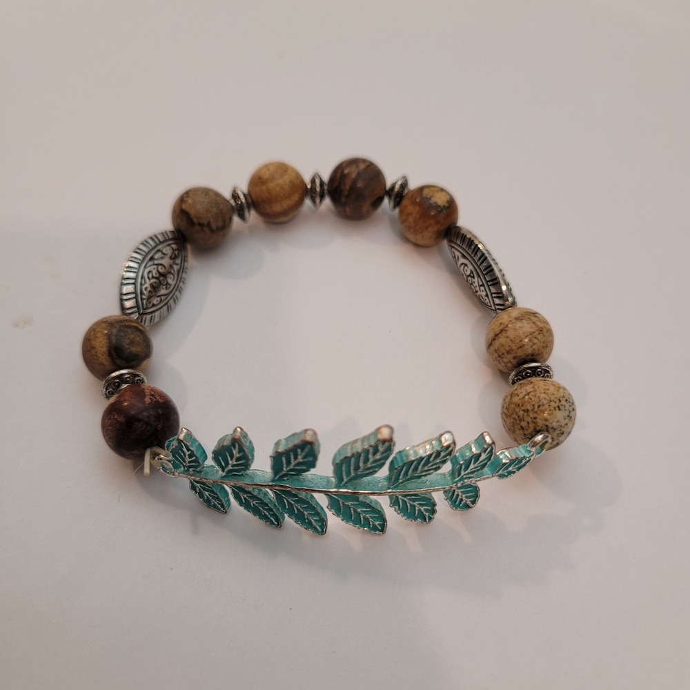 Vintage Beaded Bracelet Womens Picture Jasper Leaf Patina Silver‎ Tone Stretch